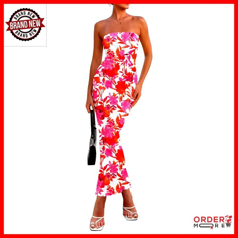 Strapless Floral Bodycon Maxi Dress Boho Chic Summer Party Wear Ribbed